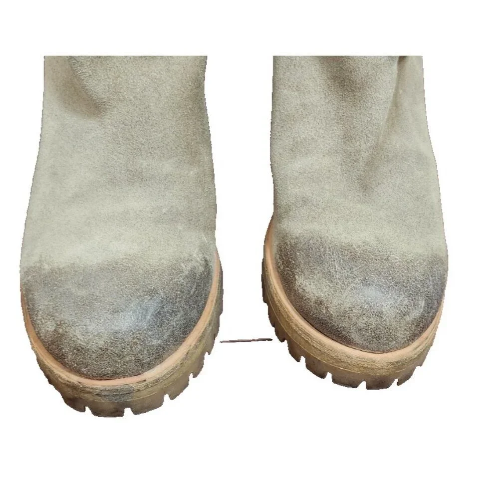 Prada Suede Mid Calf Moto Boots 37.5 Beige Taupe Leather Lined Lug Sole Side Zip - Picture 3 of 15